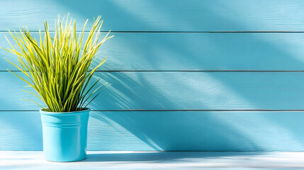 Poster - Eco-friendly home decor handmade crafts indoor plants bright blue background calm atmosphere