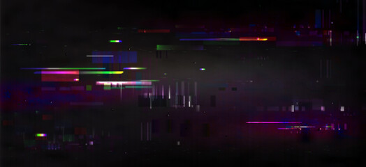 Poster - Abstract glitch lines on black TV screen. Vector realistic illustration of pixel noise effect on computer display, video game rewind pattern, old technology background, hacked software, cyber attack