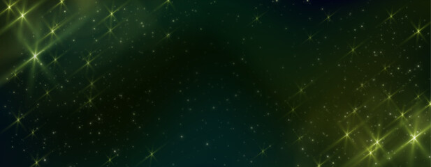 Wall Mural - night sky background with green sparkling stars. vector realistic illustration of black space with m