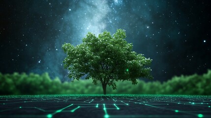 Night scene tree, digital ground, galaxy background