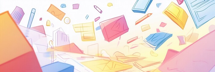 Poster - Creative brainstorming session with scattered materials and sketches in a vibrant workspace