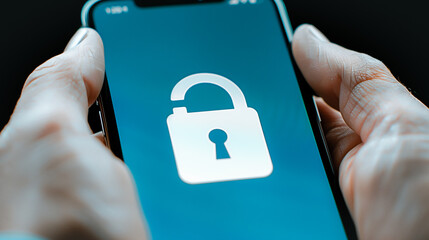 Poster - Smartphone security: person holding a smartphone displaying an open padlock, symbolizing the importance of digital security, data protection, privacy, and secure technology in the digital era.