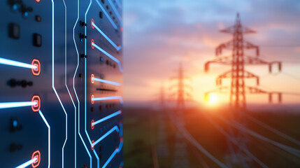 Poster - powering tomorrow: an abstract visual blending a circuit board and a power pylon under a stunning su