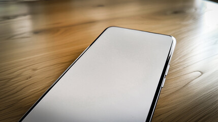 Poster - Smartphone on a Wooden Surface: A sleek smartphone with a bright, clear screen rests on a beautifully grained wooden surface, highlighting modern technology and minimalist design.