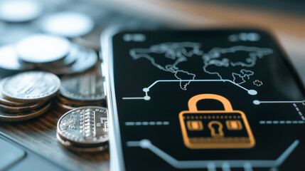 Poster - Secure Transactions: A smartphone displays a digital lock icon with a world map, money nearby, conveying security and financial protection in the digital age.