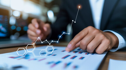 Poster - Financial Growth: A person meticulously reviews financial reports, tracing a rising line graph that symbolizes progress, development, and triumph.