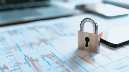 Poster - Security in Numbers: A silver padlock rests prominently on a financial graph, symbolizing data protection, cybersecurity, and the safeguarding of sensitive information in the digital age.