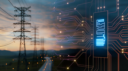 Poster - power transmission: the photo features high-voltage power lines and a digital circuit board with a g