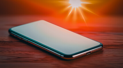 Poster - The Illuminated Screen: A sleek smartphone on a wooden surface with sunburst effect, the blank screen reflecting the glow, perfect for showcasing mobile technology or communication concepts.