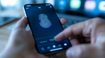 Poster - Fingerprint Security: Capturing the essence of modern tech, hands unlock a smartphone using fingerprint recognition, embodying safety and seamless access.