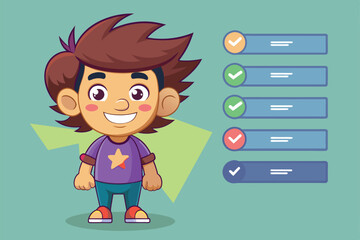 Poster - A cheerful cartoon character stands next to customizable options for personalizing features, Swipe options Customizable Cartoon Illustration
