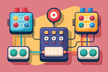 Poster - A colorful illustration showcases customizable switches and controls linked by vibrant wires, highlighting creativity, Switches Customizable Disproportionate Illustration
