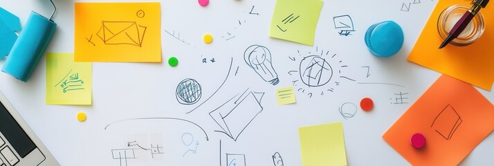Fototapete - Creative brainstorming session with sticky notes and sketches in a vibrant workspace
