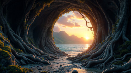Poster - view from a dark cave to the mysterious azure sea coast . Generative AI
