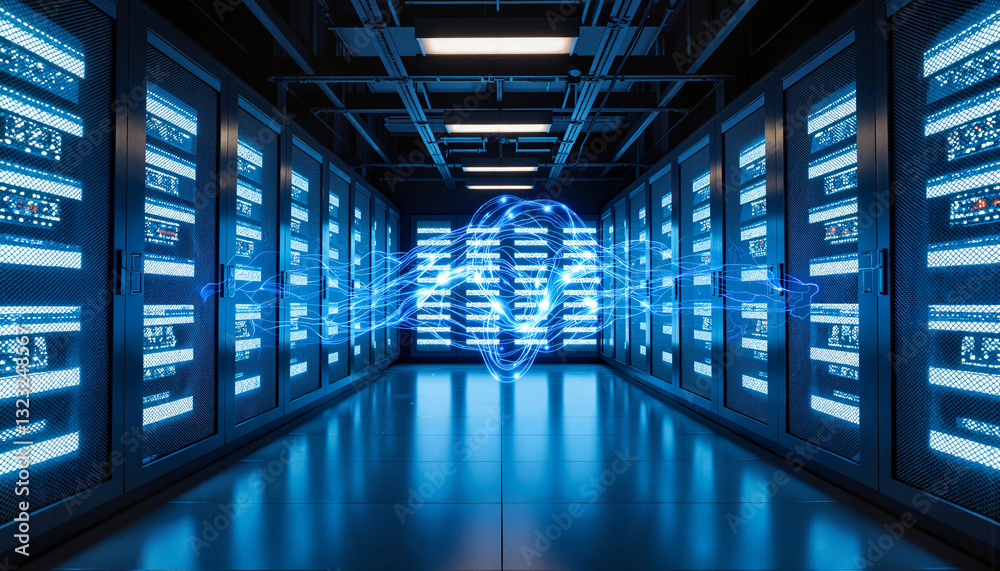 Futuristic AI server rack illuminating data projections, digital ...