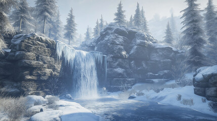 Poster - A winter wonderland with a frozen waterfall and snow-covered trees