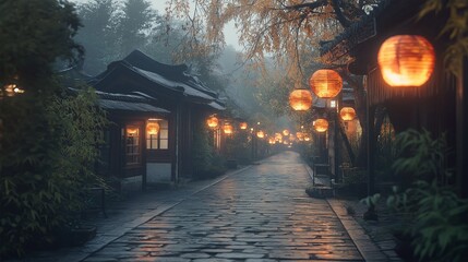 Poster - A vintage-style street at dusk with glowing lanterns and cobblestones