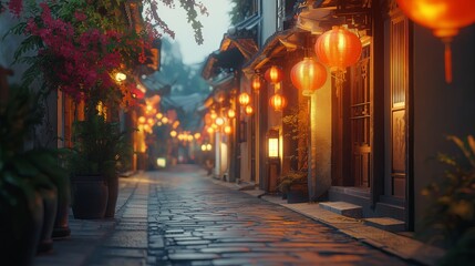 Aufkleber - A vintage-style street at dusk with glowing lanterns and cobblestones