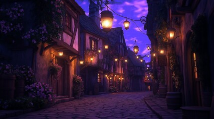 Poster - A vintage-style street at dusk with glowing lanterns and cobblestones