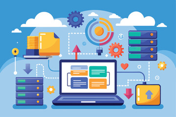 Aufkleber - A laptop displaying data synchronization processes, showcasing cloud backup and big data management techniques, synchronize and backup big data on laptop