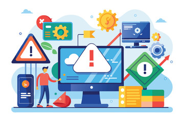 Aufkleber - A person interacts with a computer displaying various system error alerts and notifications in an office, system error, errors in system software
