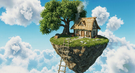 Poster - cute house on a flying island in the sky . Generative AI