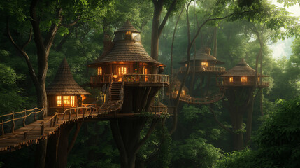 Aufkleber - A treehouse village hidden deep within an enchanted jungle.