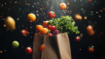 Aufkleber - Fresh fruits and vegetables cascade from a paper grocery bag in slow motion under dramatic lighting