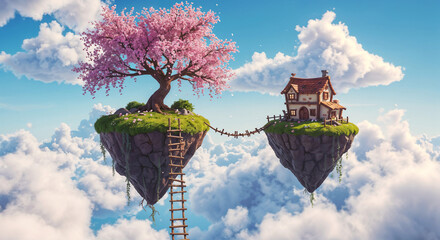 Poster - cute house on a flying island in the sky . Generative AI