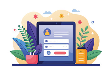 Poster - a modern tablet login interface displayed among decorative plants and a colorful background, tablet 