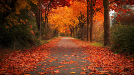 Poster - A soft autumn pathway covered in vibrant orange and red leaves