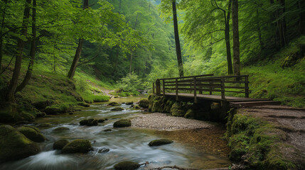 Aufkleber - A serene hidden valley with a small wooden bridge over a river.
