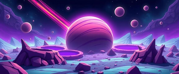 Wall Mural - Cartoon planet, purple craters, falling comet, cosmic spheres, futuristic game scene, asteroids, computer game