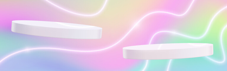 Poster - White pedestal stage podiums on holographic background - futuristic platforms floating in neon glowing space. Glossy 3d illuminated display stands. Pastel iridescent product showcase pedestals.