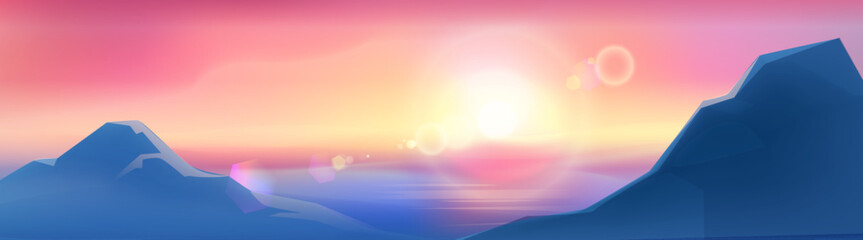 Wall Mural - Beautiful sunrise landscape with purple mountain peaks. Colorful cloudy sky with golden yellow sun rising on horizon. Minimalist peaceful early morning scenery, dreamy gradient light on calm surface.