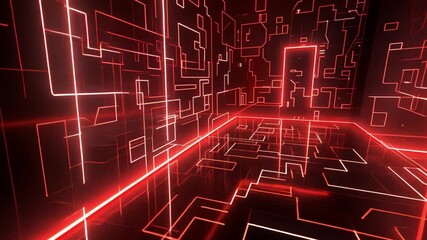 Poster - Futuristic Room with Glowing Red Neon Lines and Geometric Patterns Creates Digital, Cybernetic Atmosphere with High Tech, Immersive Environment and Reflective Surfaces Enhancing Sci Fi Vibes