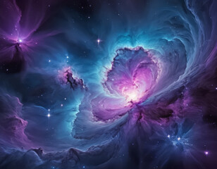 swirling luminous nebula with vibrant blues and purples, dotted with stars, generative ai