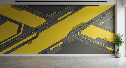 Poster -  futuristic office interior with graffiti style mural on the wall. Generative AI