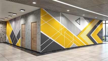 Poster - futuristic office interior with graffiti style mural on the wall . Generative AI