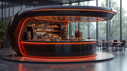 Poster - futuristic coffee shop in the office center. Generative AI