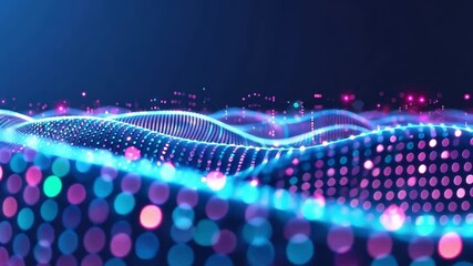 Poster - vibrant digital landscape of glowing pink and blue dots and waves forms futuristic abstract pattern,