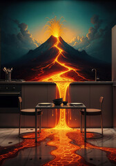 Poster - volcano with lava in the office interior . Generative AI