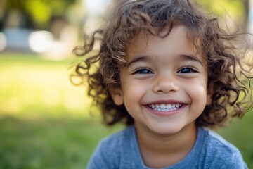 Poster - Smiling child enjoying a sunny day in the park with green grass in the background and bright, cheerful disposition