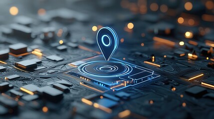 Poster - A glowing blue location pin or marker hovering over a futuristic high tech digital landscape with microchips circuits and other electronic components