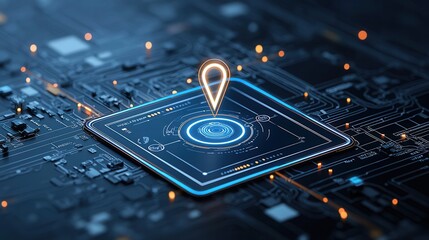 Poster - A high tech futuristic image depicting a global positioning system concept with a digital marker hovering over a complex circuit board symbolizing modern technology data connectivity