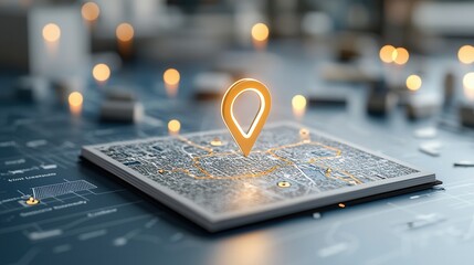 Poster - Close up view of a modern technology driven digital navigation interface showcasing a prominent location marker or GPS pin highlighting the concept of digital mapping route planning