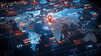 Poster - This image showcases a futuristic mapping concept with a high tech visualization of global connectivity infrastructure and data analytics