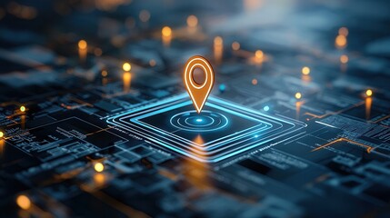 Fototapete - This striking image showcases a close up view of a navigation pin highlighted on a futuristic technology inspired digital map symbolizing the importance of location tracking guidance