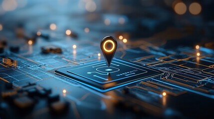 Poster - A striking close up view showcasing a navigation pin precisely marking a location on an intricate  futuristic digital circuit board