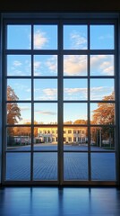 Aufkleber - Golden sunlight filters through large windows, illuminating a tranquil courtyard. The historical building outside complements the rich autumn colors that surround it, evoking a peaceful atmosphere